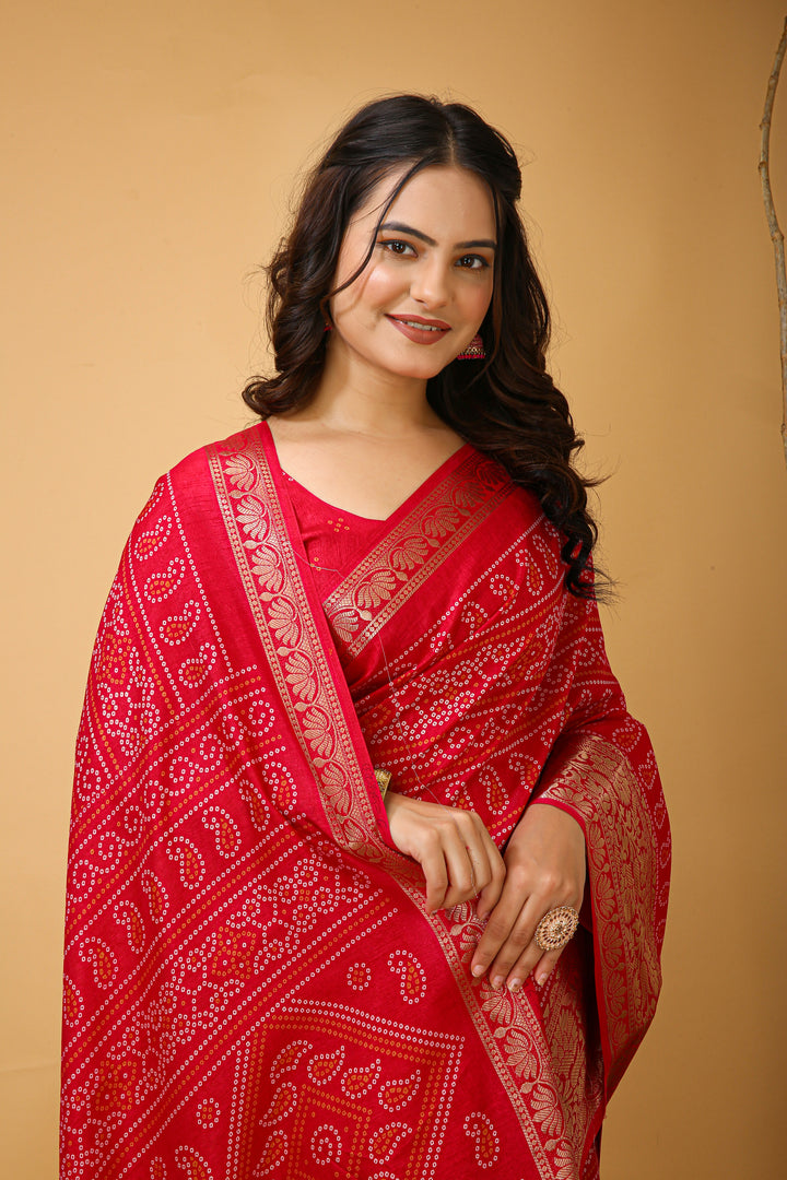 Cheery Red Colour soft Dola cotton Kalamkari print saree with jecard kanjivaram zari border