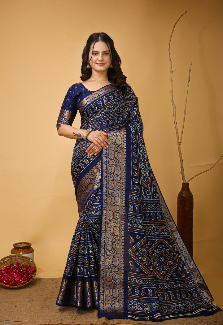 Navy Blue Colour soft Dola cotton Kalamkari print saree with jecard kanjivaram zari border