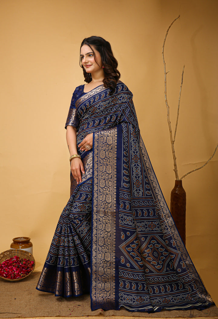 Navy Blue Colour soft Dola cotton Kalamkari print saree with jecard kanjivaram zari border