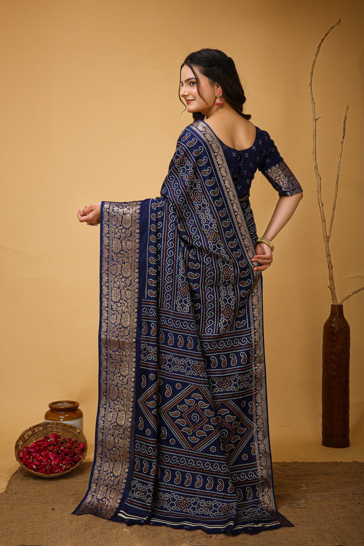 Navy Blue Colour soft Dola cotton Kalamkari print saree with jecard kanjivaram zari border