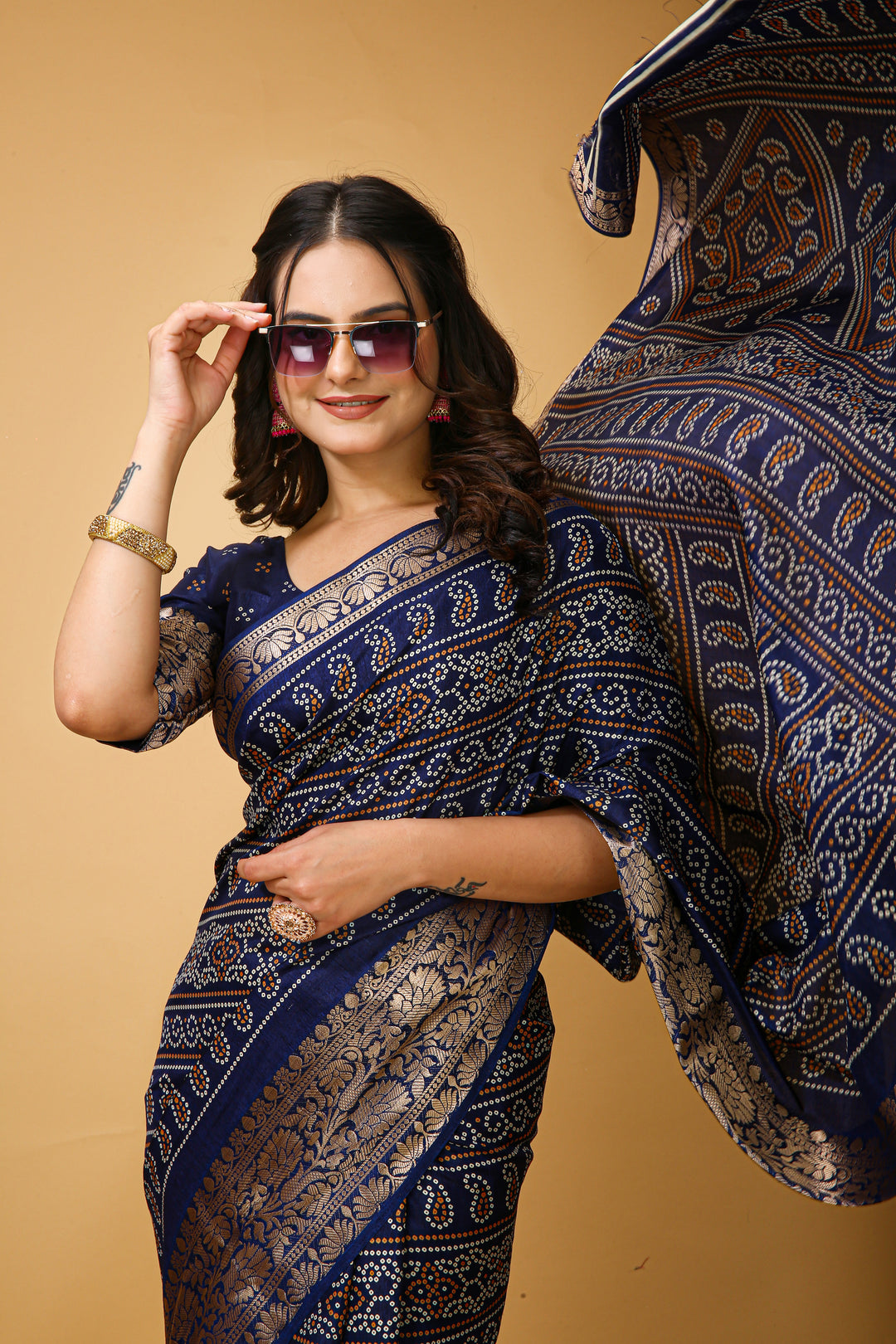 Navy Blue Colour soft Dola cotton Kalamkari print saree with jecard kanjivaram zari border