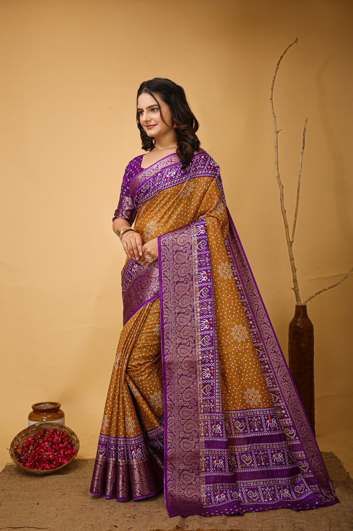 Brown Colour soft Dola cotton Kalamkari print saree with jecard kanjivaram zari border