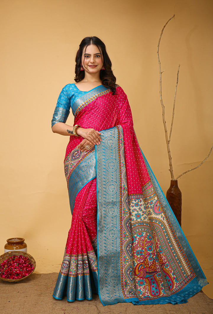 Red Colour soft Dola cotton Kalamkari print saree with jecard kanjivaram zari border