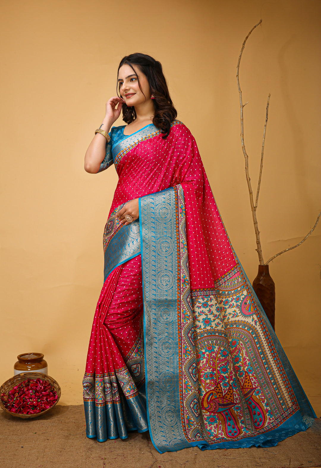 Red Colour soft Dola cotton Kalamkari print saree with jecard kanjivaram zari border