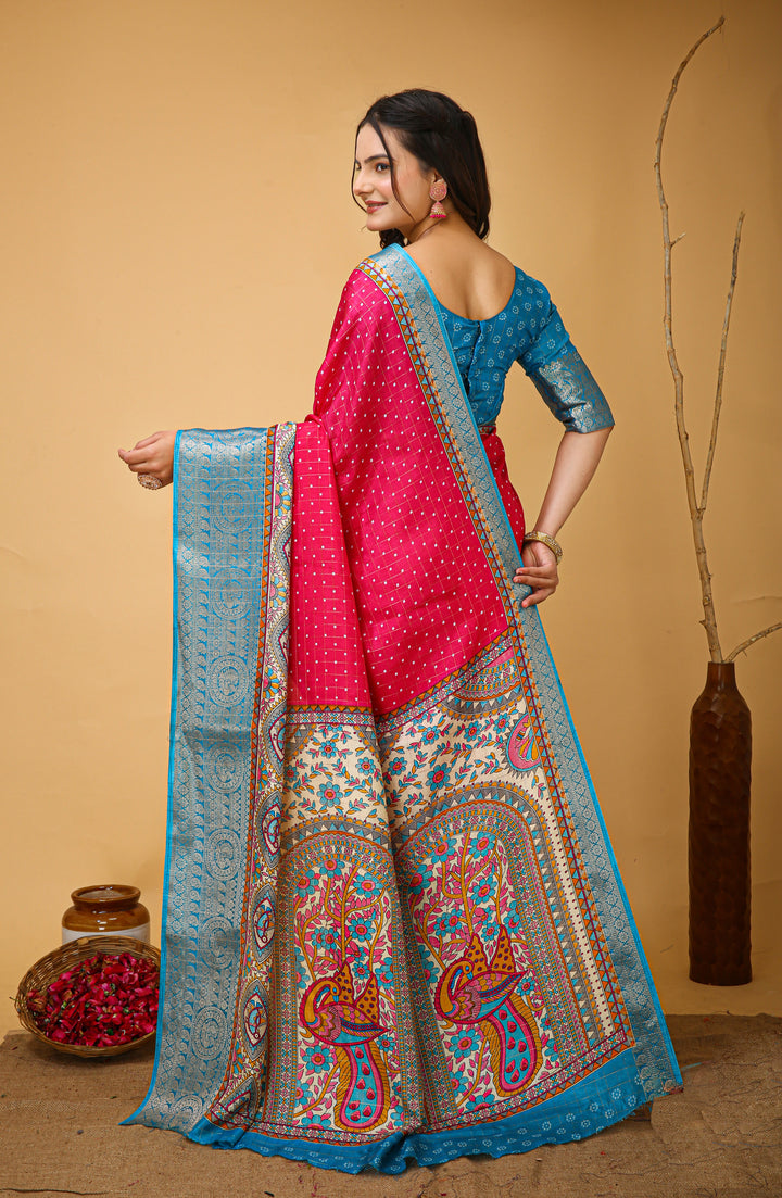 Red Colour soft Dola cotton Kalamkari print saree with jecard kanjivaram zari border