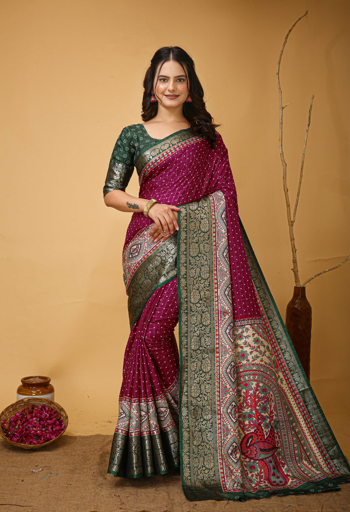 Wine Colour soft Dola cotton Kalamkari print saree with jecard kanjivaram zari border