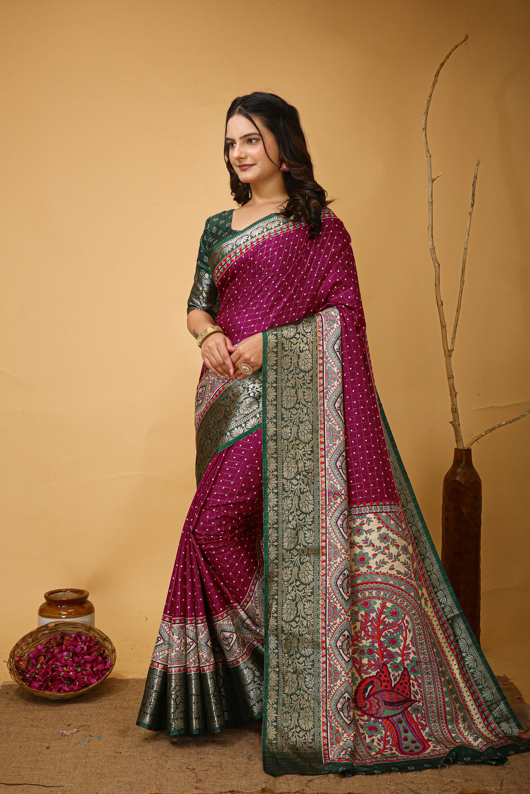 Wine Colour soft Dola cotton Kalamkari print saree with jecard kanjivaram zari border