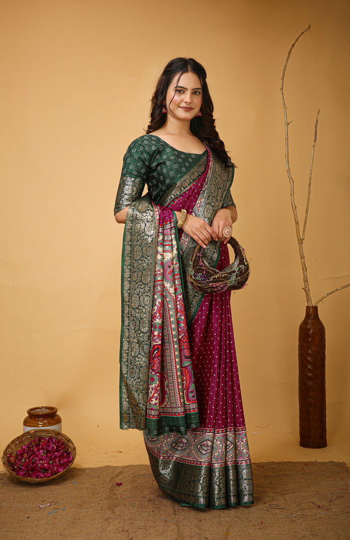 Wine Colour soft Dola cotton Kalamkari print saree with jecard kanjivaram zari border
