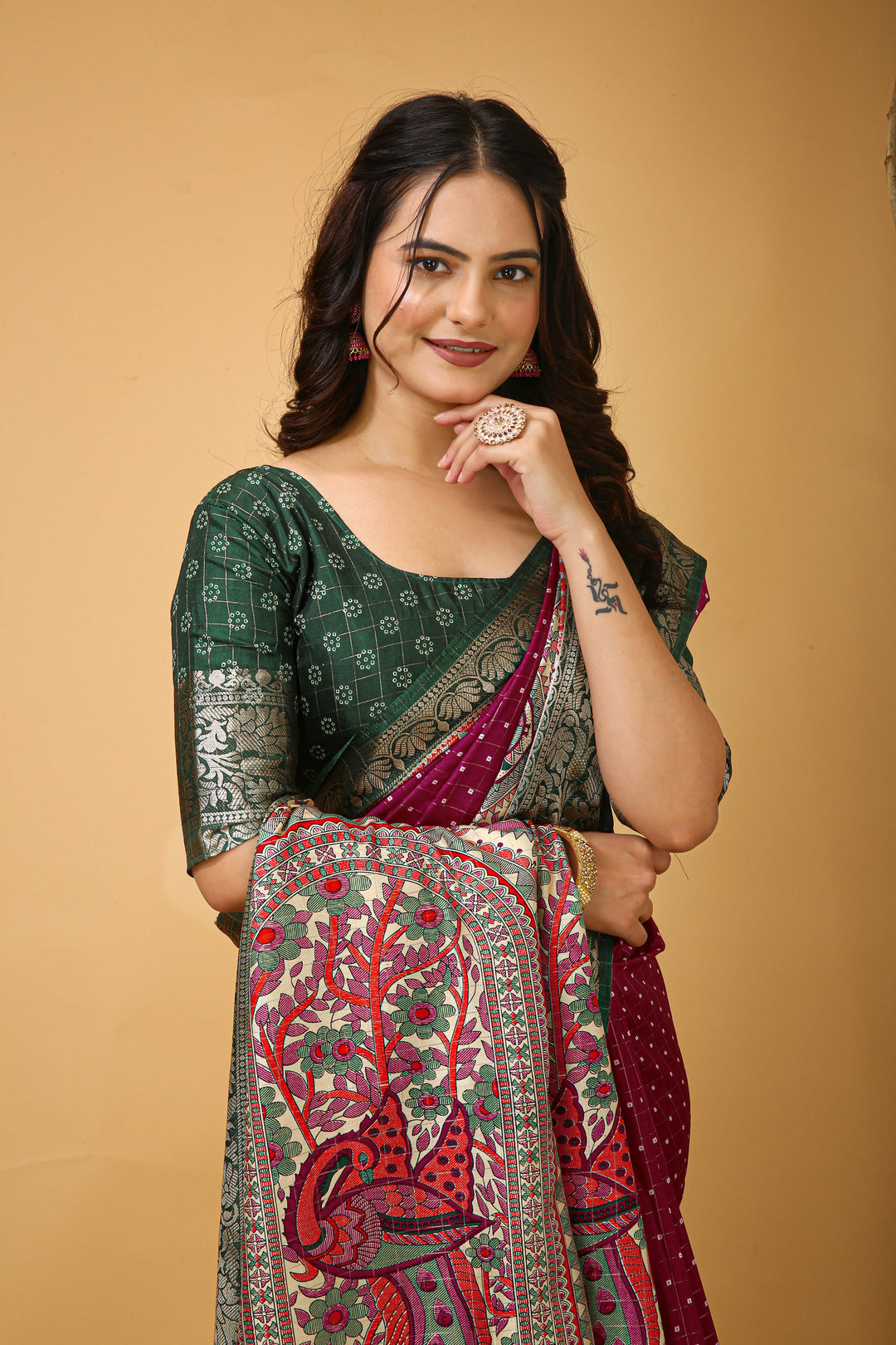 Wine Colour soft Dola cotton Kalamkari print saree with jecard kanjivaram zari border