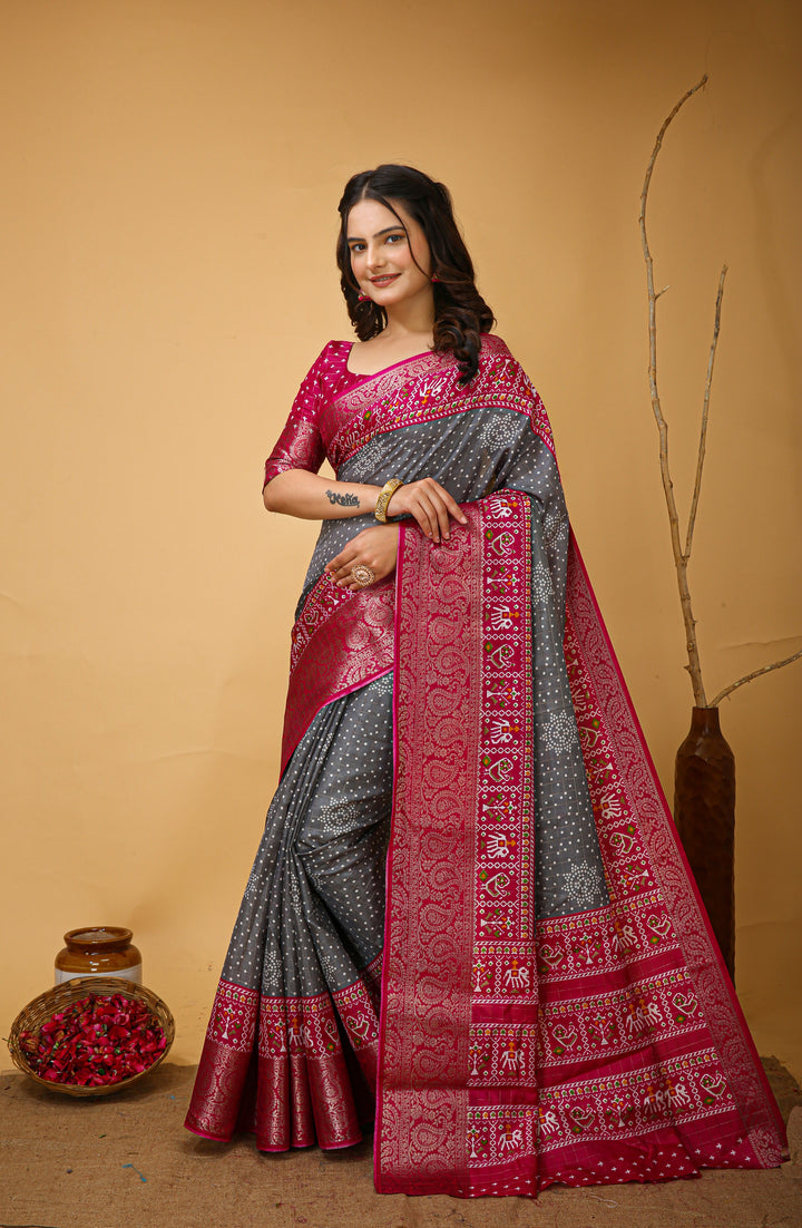Gray Colour soft Dola cotton Kalamkari print saree with jecard kanjivaram zari border
