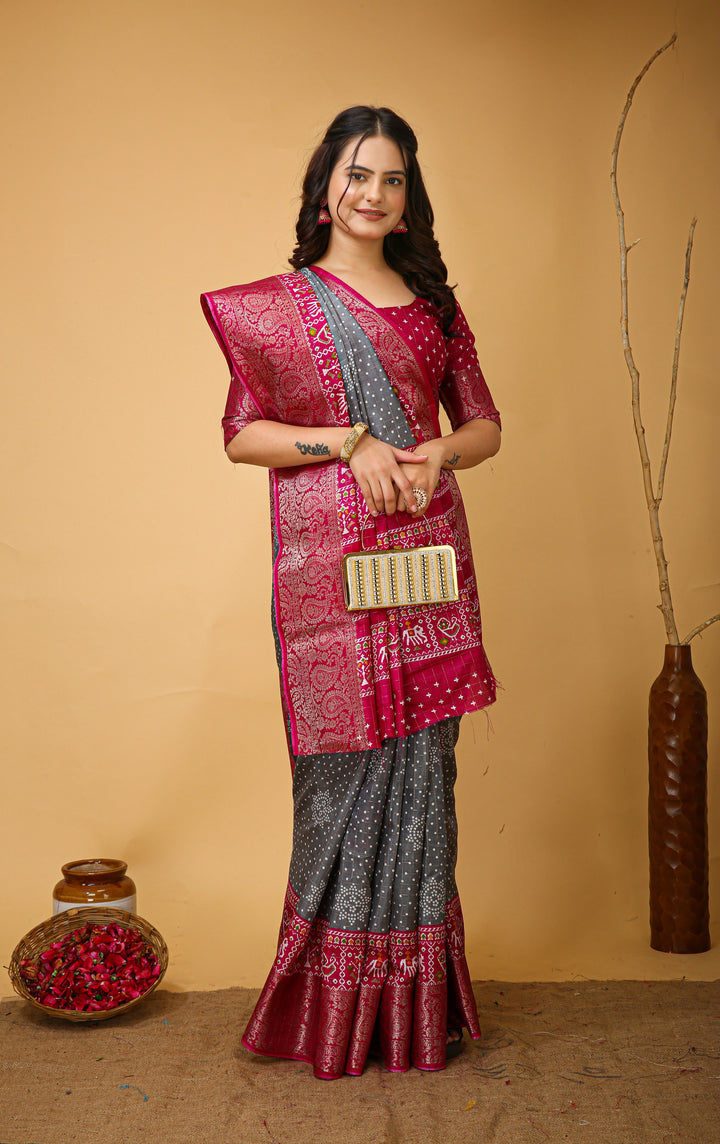 Gray Colour soft Dola cotton Kalamkari print saree with jecard kanjivaram zari border