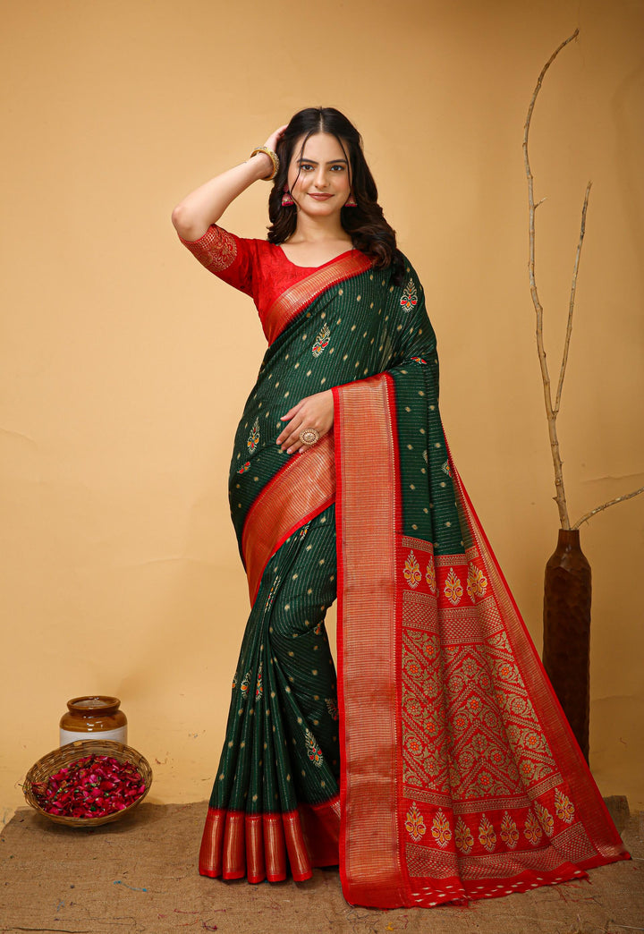Dark Green Colour soft Dola cotton Kalamkari print saree with jecard kanjivaram zari border