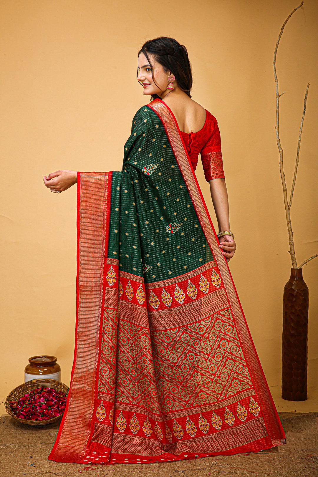 Dark Green Colour soft Dola cotton Kalamkari print saree with jecard kanjivaram zari border