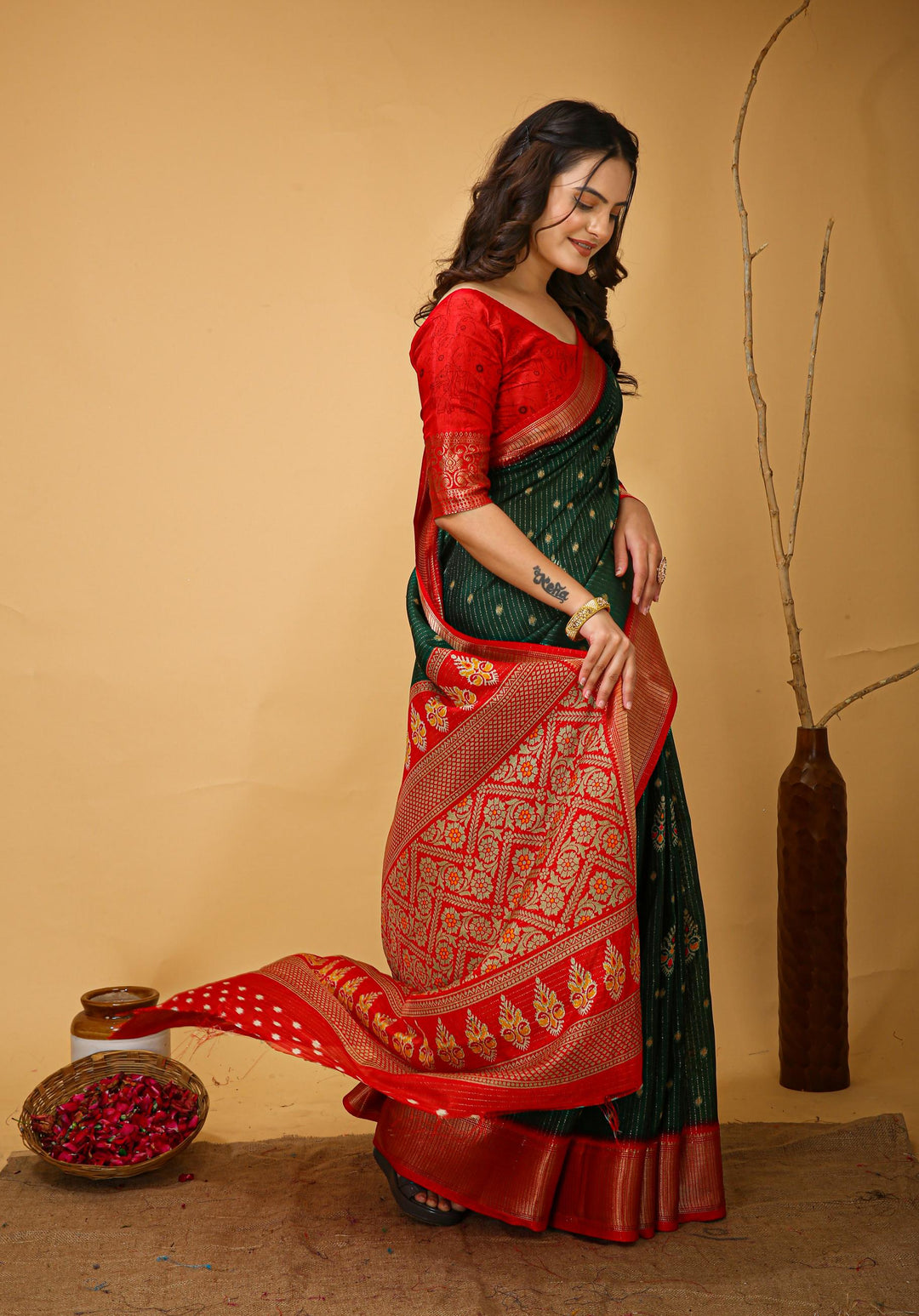 Dark Green Colour soft Dola cotton Kalamkari print saree with jecard kanjivaram zari border