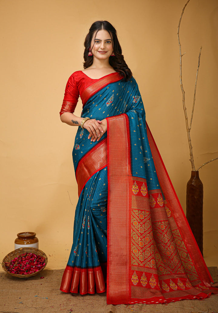 Blue Colour soft Dola cotton Kalamkari print saree with jecard kanjivaram zari border