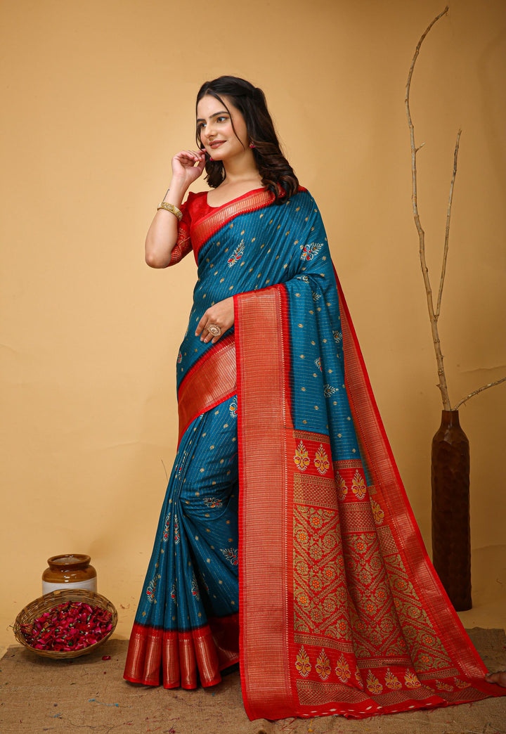 Blue Colour soft Dola cotton Kalamkari print saree with jecard kanjivaram zari border