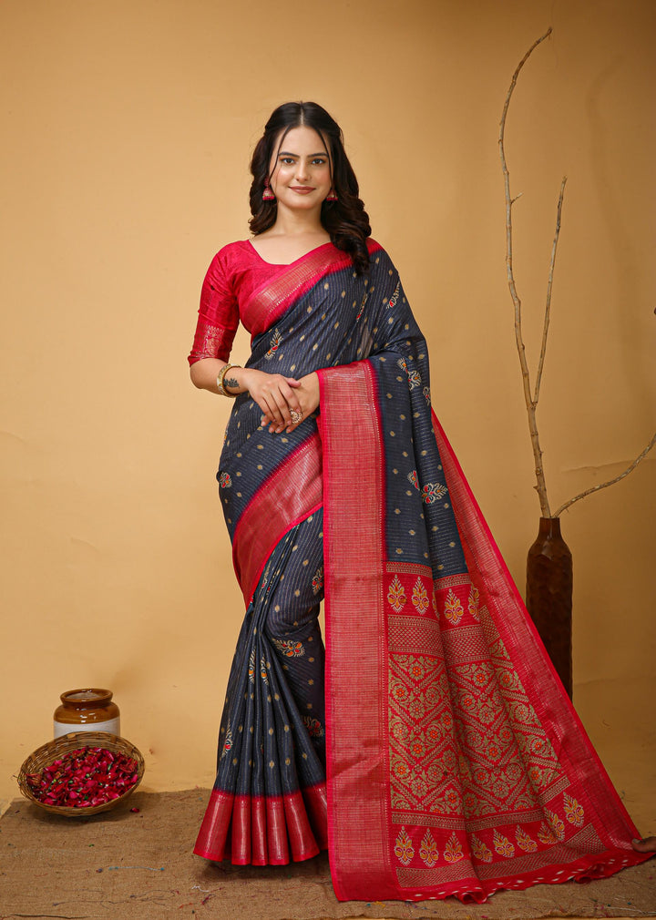Grey Colour soft Dola cotton Kalamkari print saree with jecard kanjivaram zari border