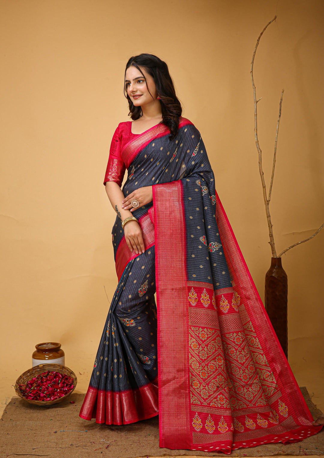 Grey Colour soft Dola cotton Kalamkari print saree with jecard kanjivaram zari border