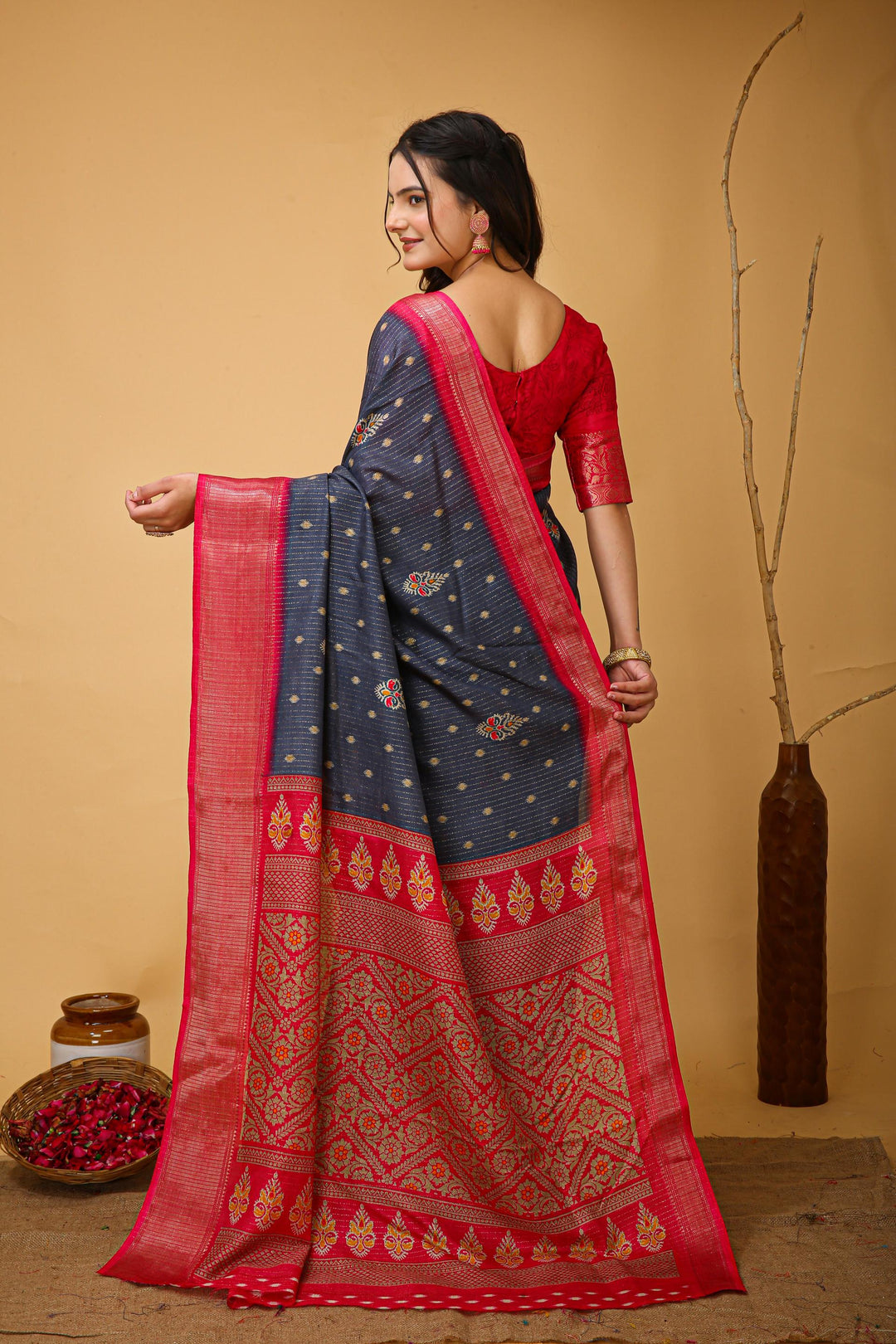 Grey Colour soft Dola cotton Kalamkari print saree with jecard kanjivaram zari border