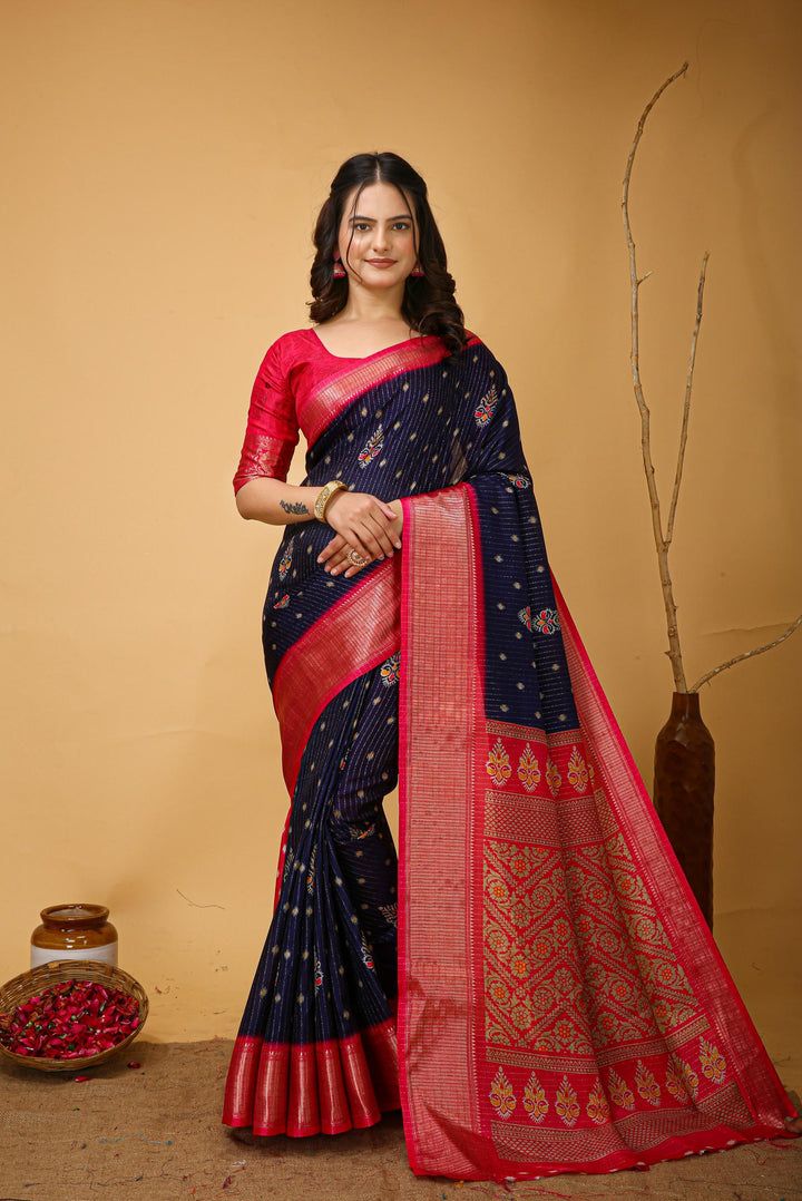 Navy Blue Colour soft Dola cotton Kalamkari print saree with jecard kanjivaram zari border
