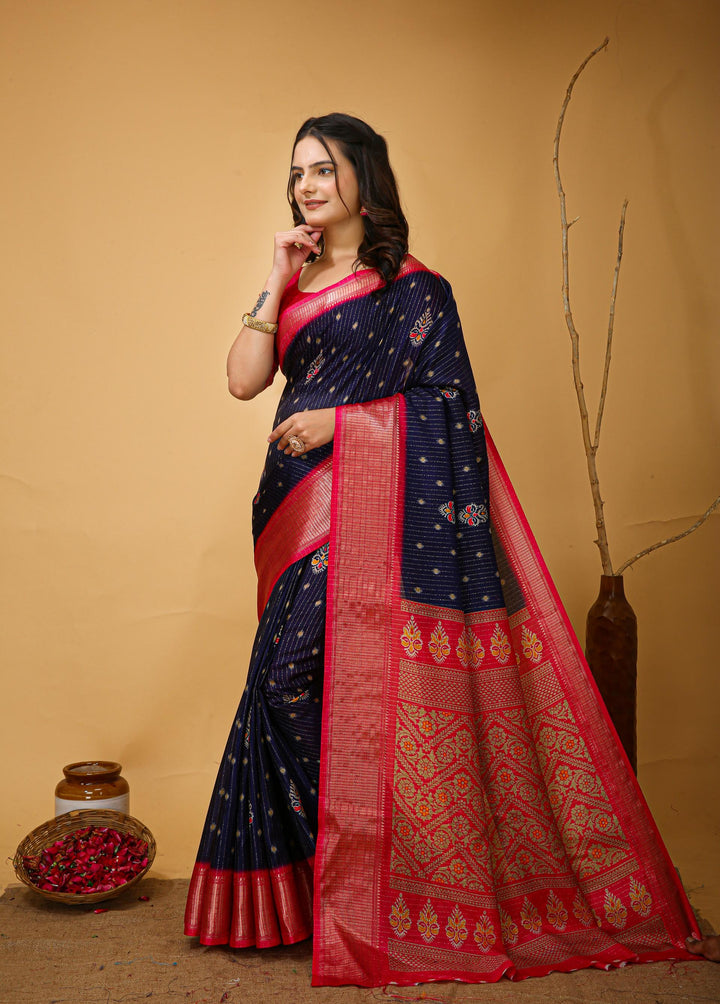 Navy Blue Colour soft Dola cotton Kalamkari print saree with jecard kanjivaram zari border