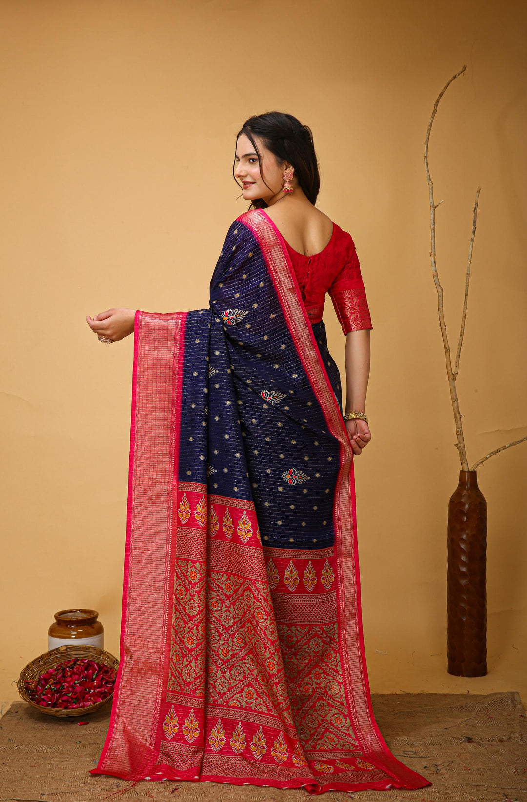 Navy Blue Colour soft Dola cotton Kalamkari print saree with jecard kanjivaram zari border