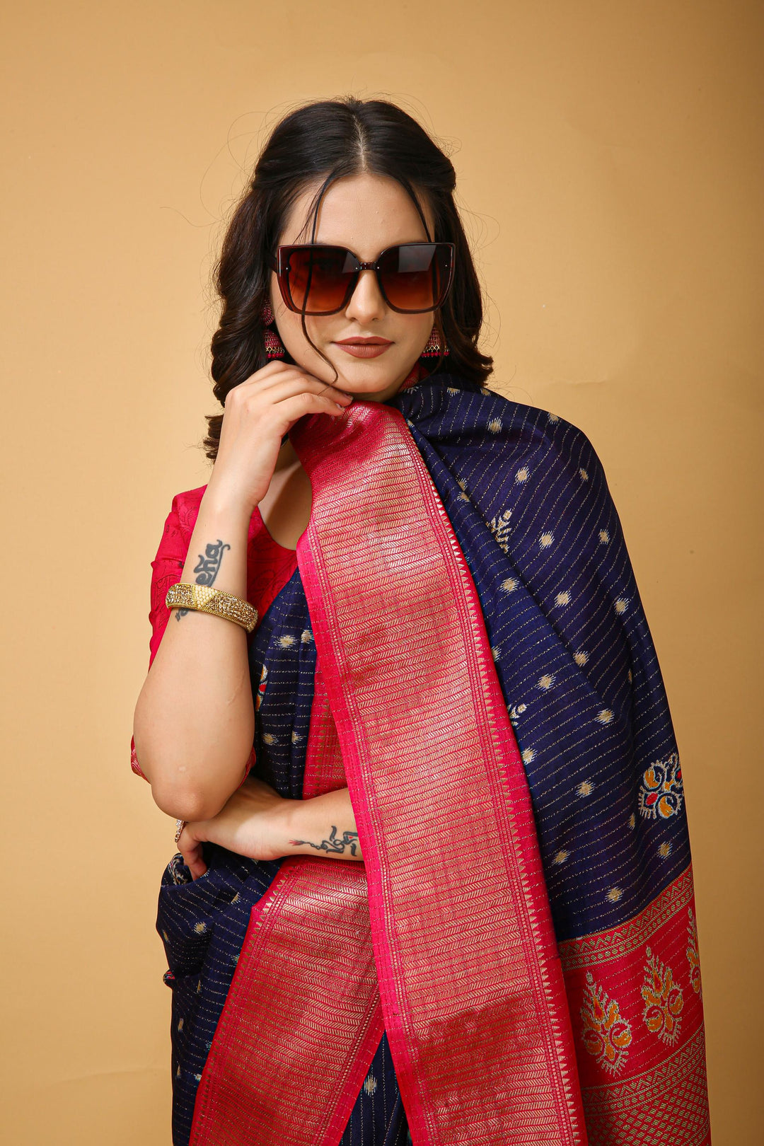 Navy Blue Colour soft Dola cotton Kalamkari print saree with jecard kanjivaram zari border