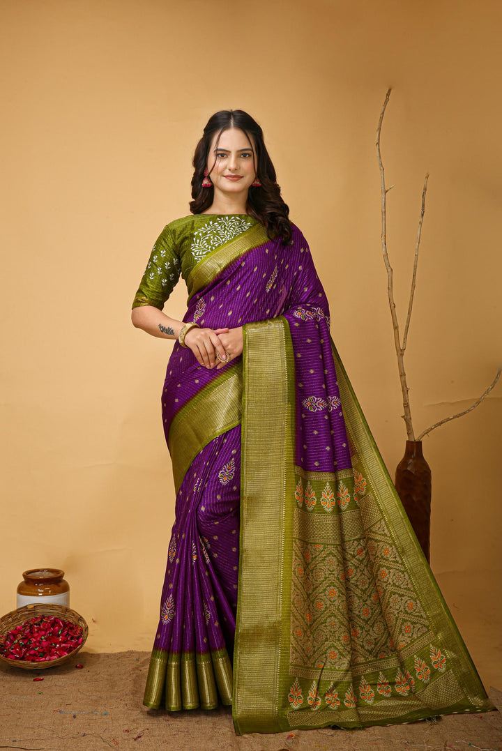 Purple Colour soft Dola cotton Kalamkari print saree with jecard kanjivaram zari border