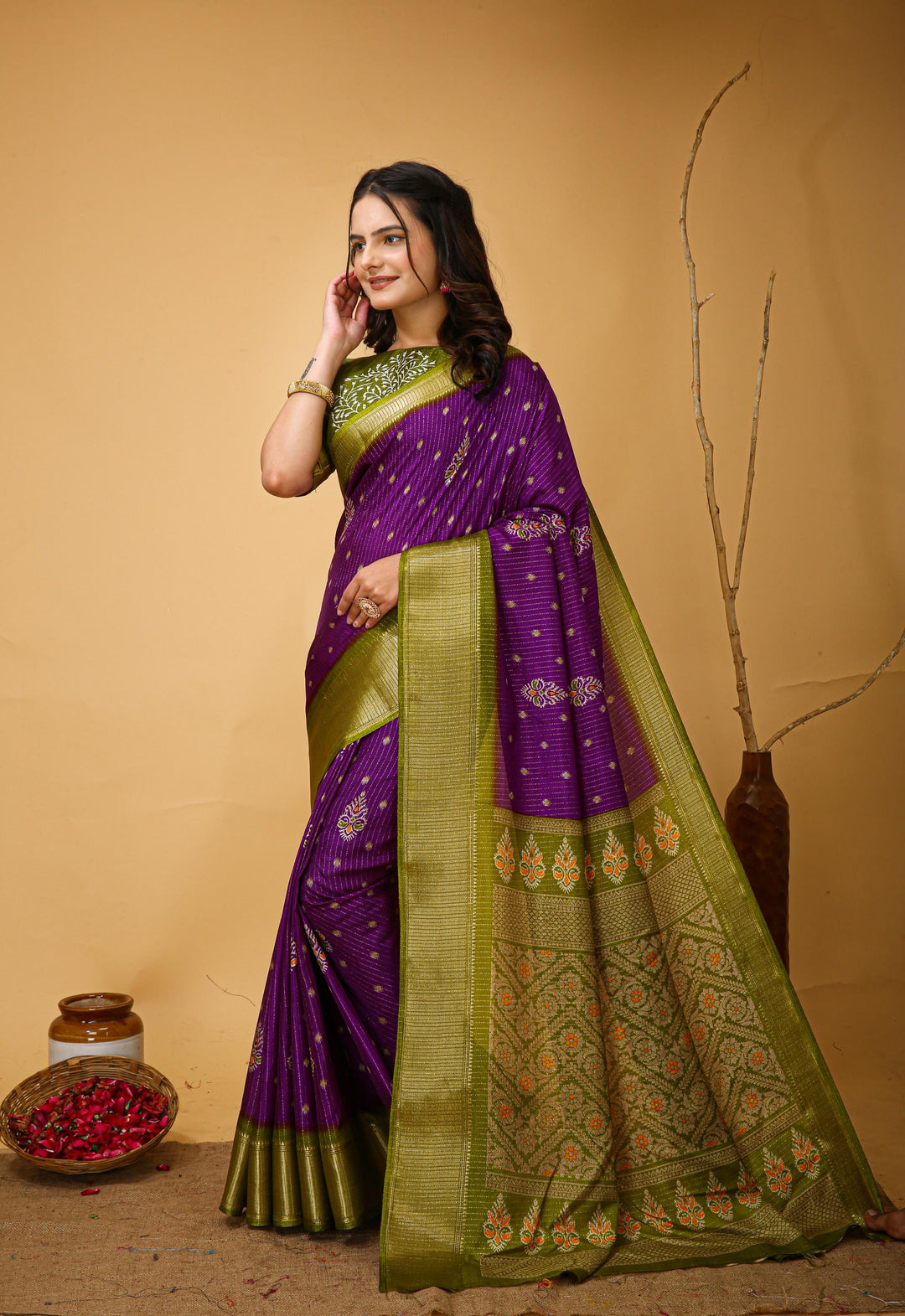 Purple Colour soft Dola cotton Kalamkari print saree with jecard kanjivaram zari border