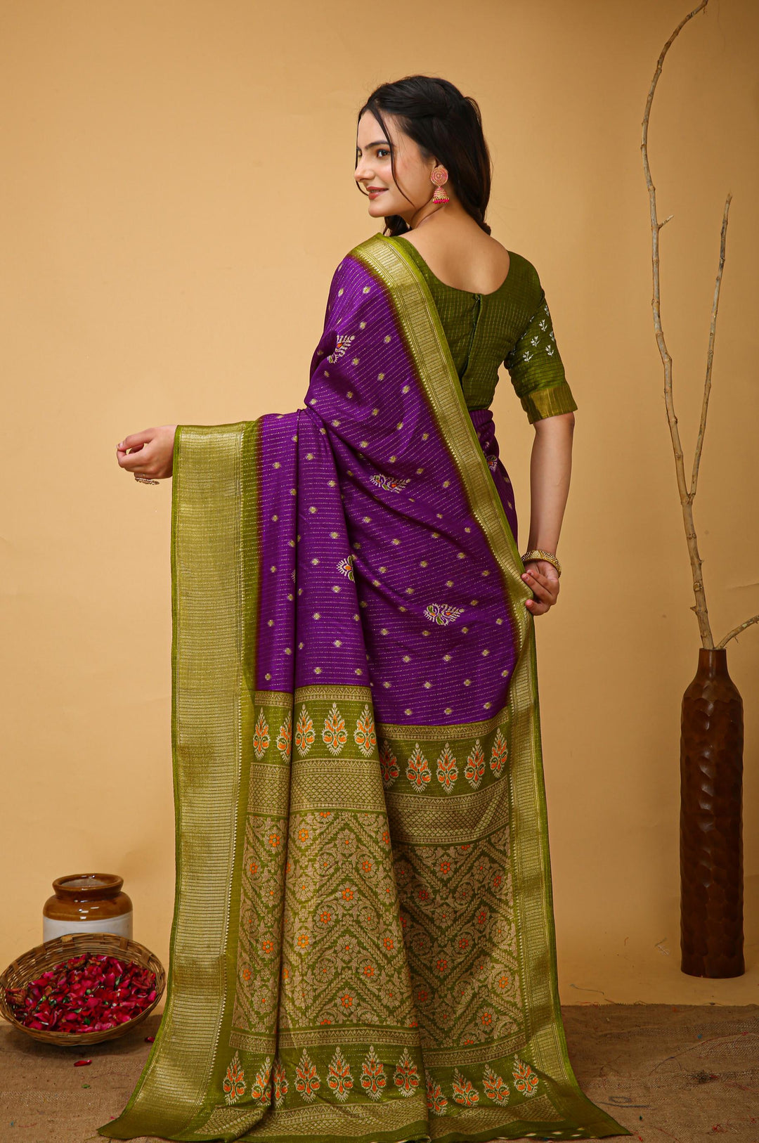 Purple Colour soft Dola cotton Kalamkari print saree with jecard kanjivaram zari border