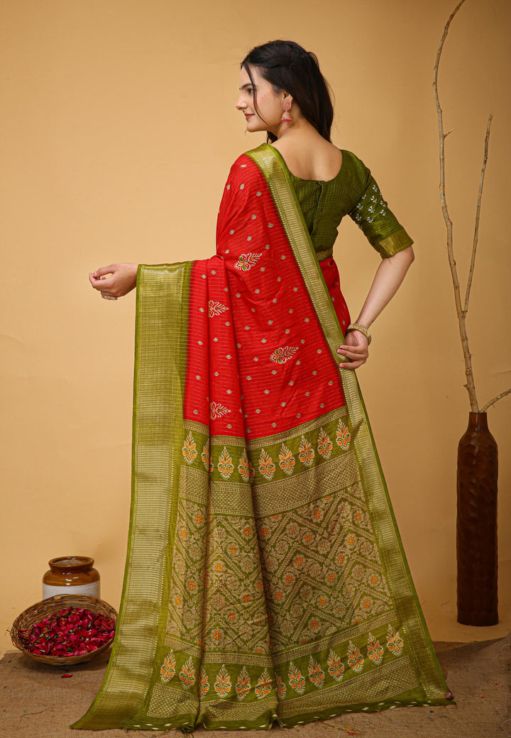 Red Colour soft Dola cotton Kalamkari print saree with jecard kanjivaram zari border