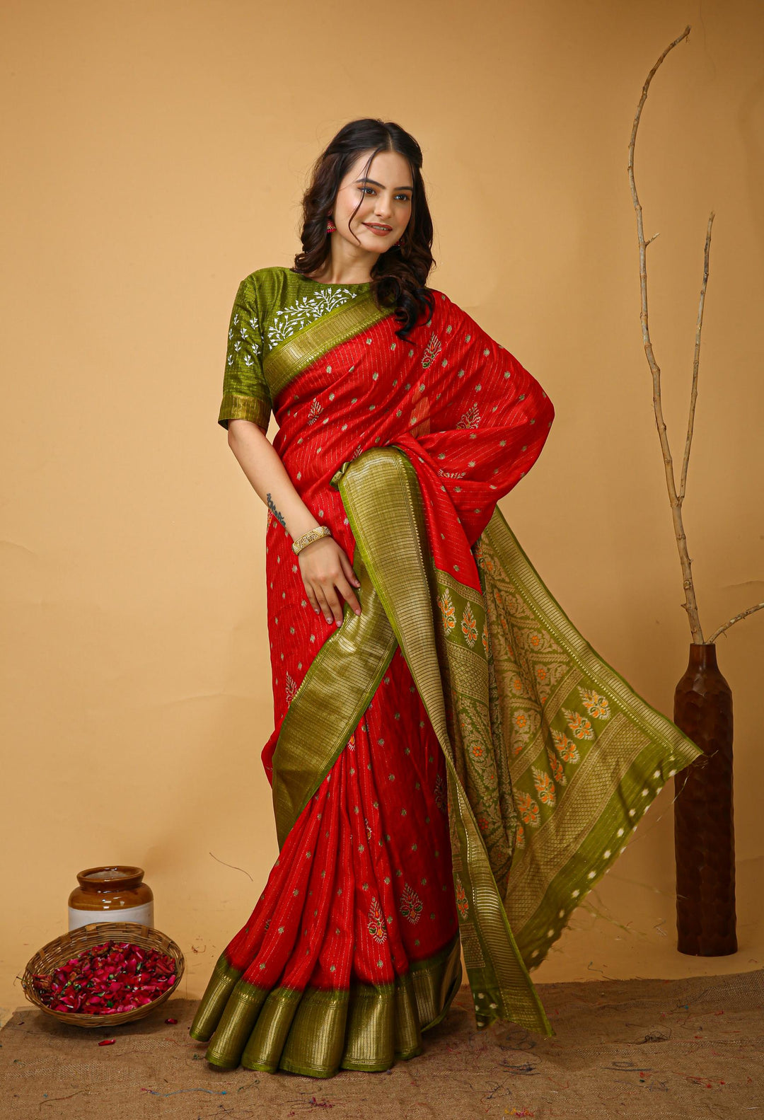 Red Colour soft Dola cotton Kalamkari print saree with jecard kanjivaram zari border