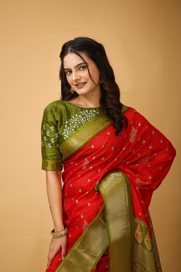 Red Colour soft Dola cotton Kalamkari print saree with jecard kanjivaram zari border