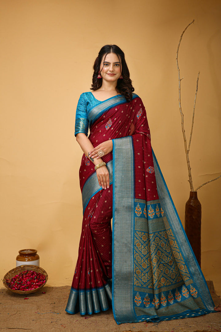 Maroon Colour soft Dola cotton Kalamkari print saree with jecard kanjivaram zari border