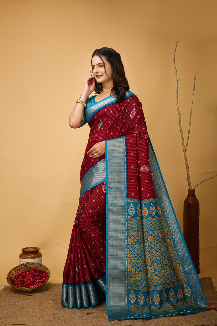 Maroon Colour soft Dola cotton Kalamkari print saree with jecard kanjivaram zari border