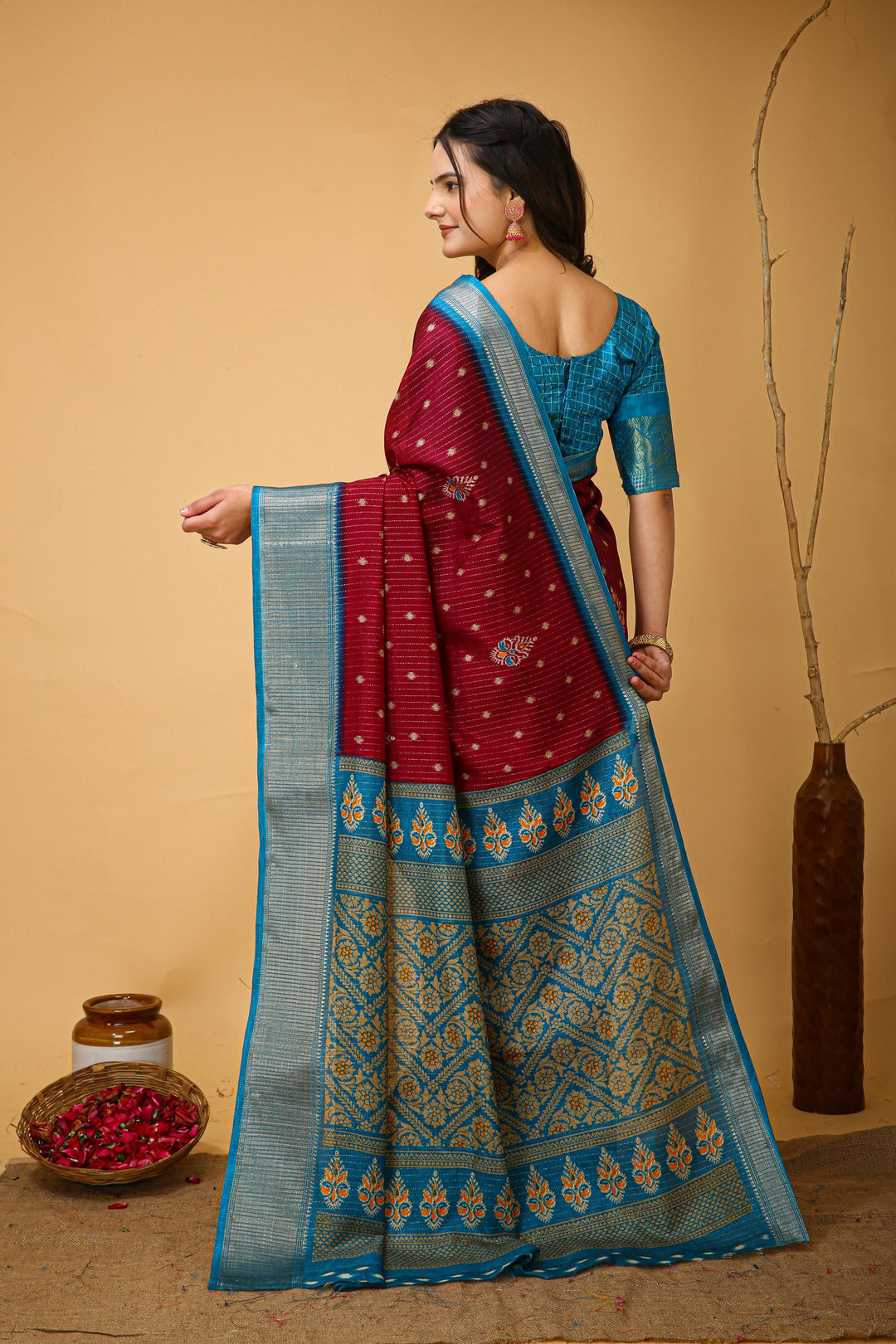 Maroon Colour soft Dola cotton Kalamkari print saree with jecard kanjivaram zari border