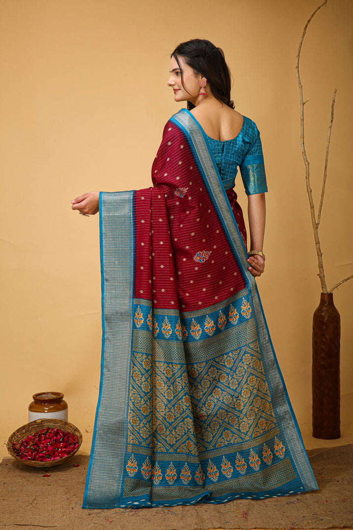 Maroon Colour soft Dola cotton Kalamkari print saree with jecard kanjivaram zari border