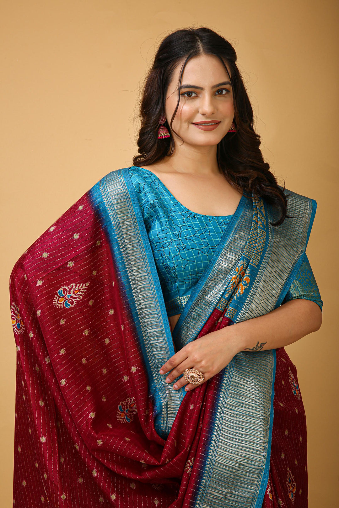 Maroon Colour soft Dola cotton Kalamkari print saree with jecard kanjivaram zari border