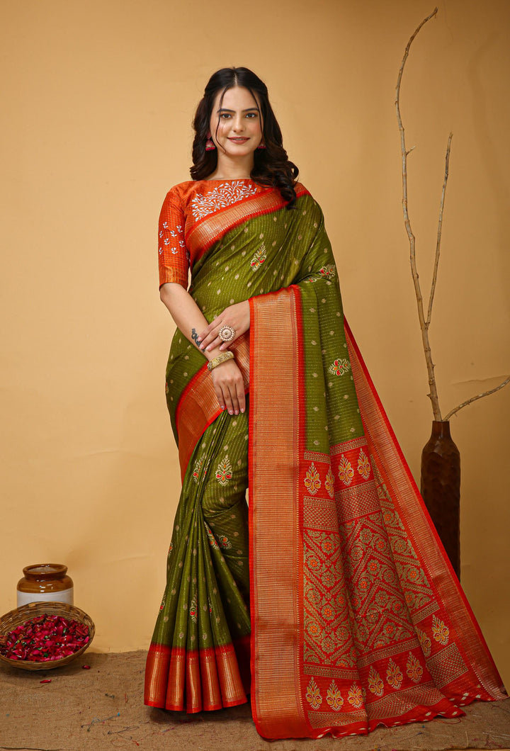 Light Green Colour soft Dola cotton Kalamkari print saree with jecard kanjivaram zari border