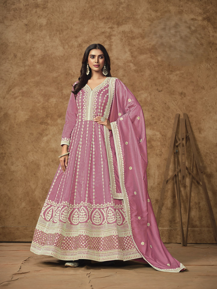 Pink Color Dolla Silk With Embroidery And Sequins Work Anarkali Dress