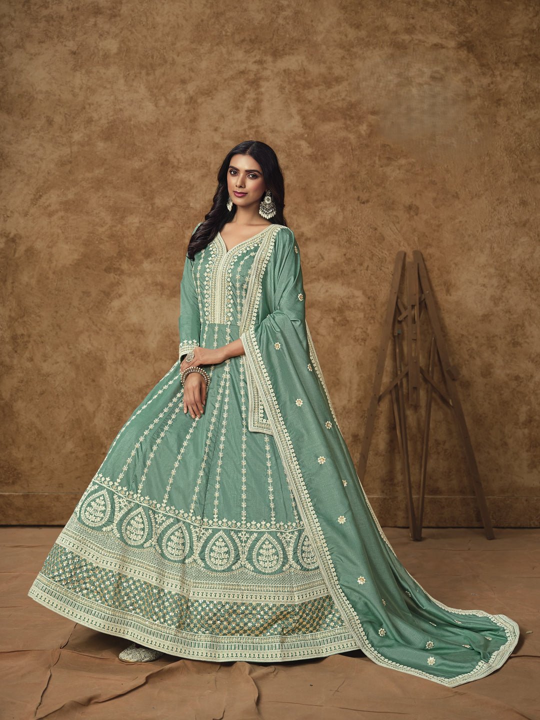 Sea Green Color Dolla Silk With Embroidery And Sequins Work Anarkali Dress