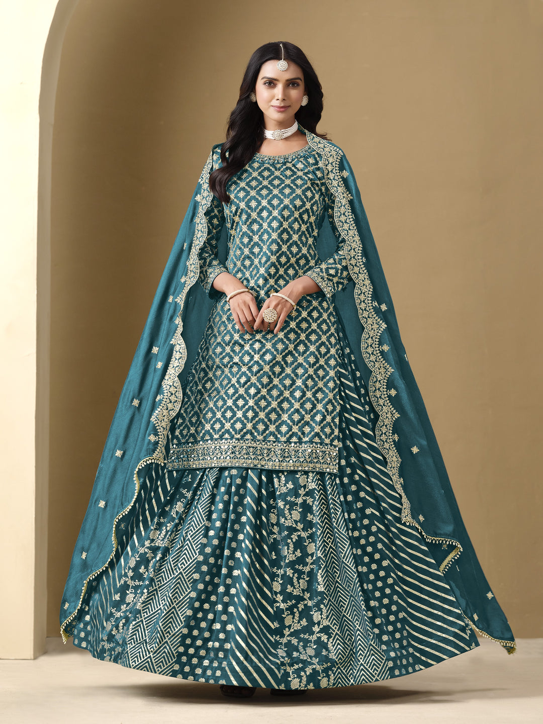 Sea Green Color Art Silk With Embroidery And Sequins Work Top And Lehenga