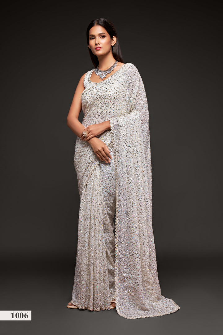 White Color Saree Georgette With Thread And Multiple Sequins Embroidery Work