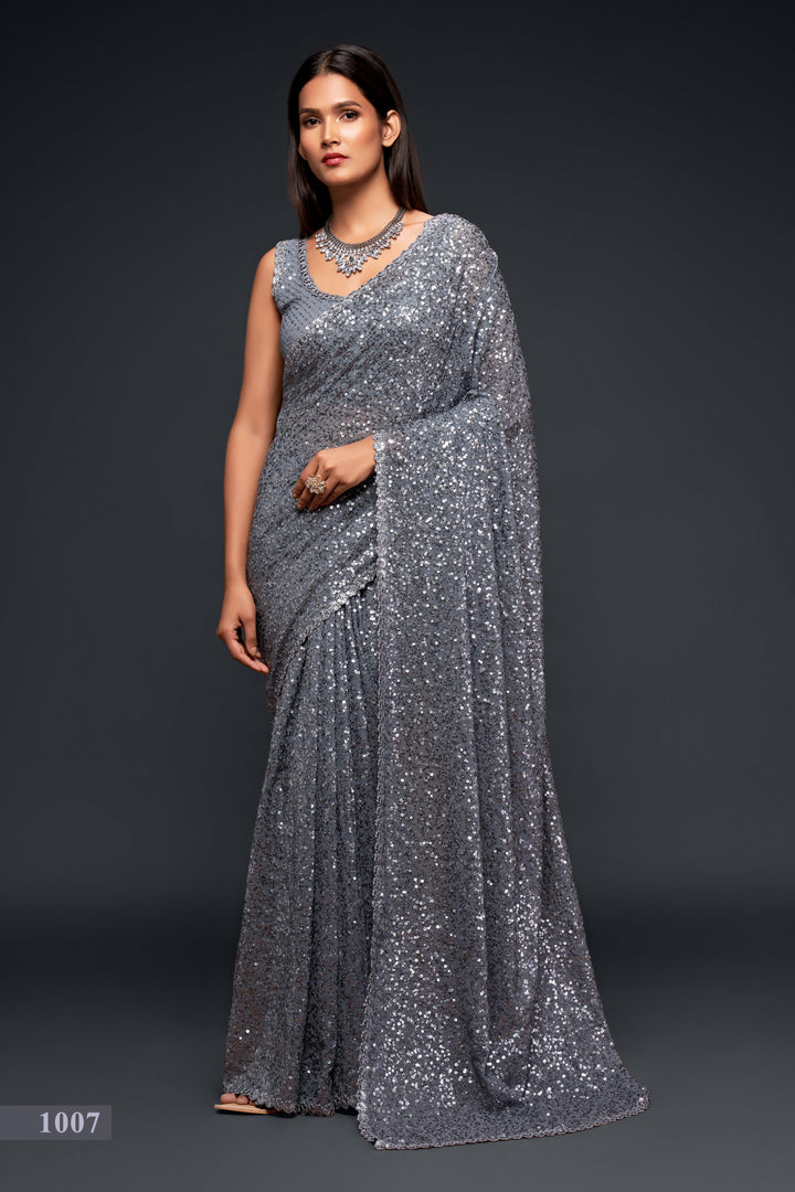 Gray Color Saree Georgette With Thread And Multiple Sequins Embroidery Work