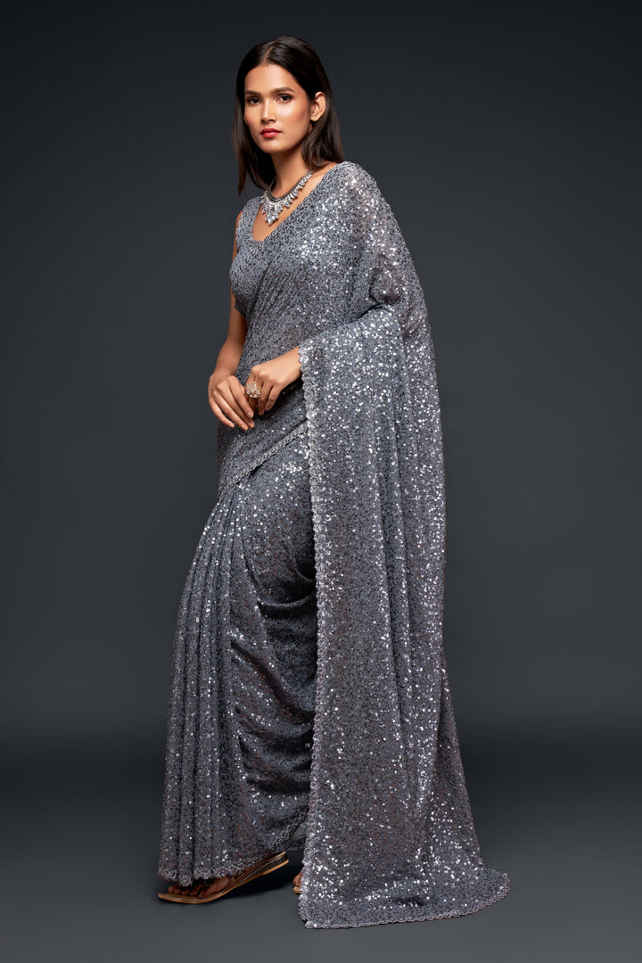Gray Color Saree Georgette With Thread And Multiple Sequins Embroidery Work