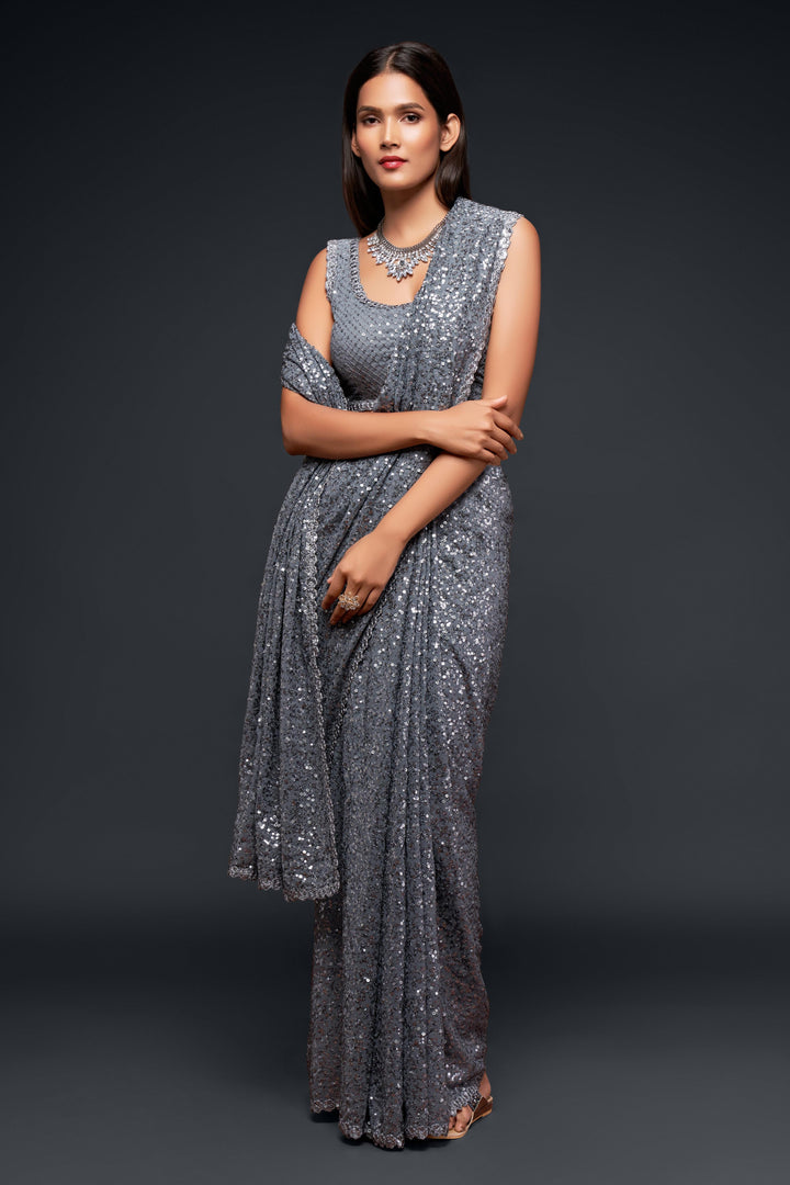 Gray Color Saree Georgette With Thread And Multiple Sequins Embroidery Work