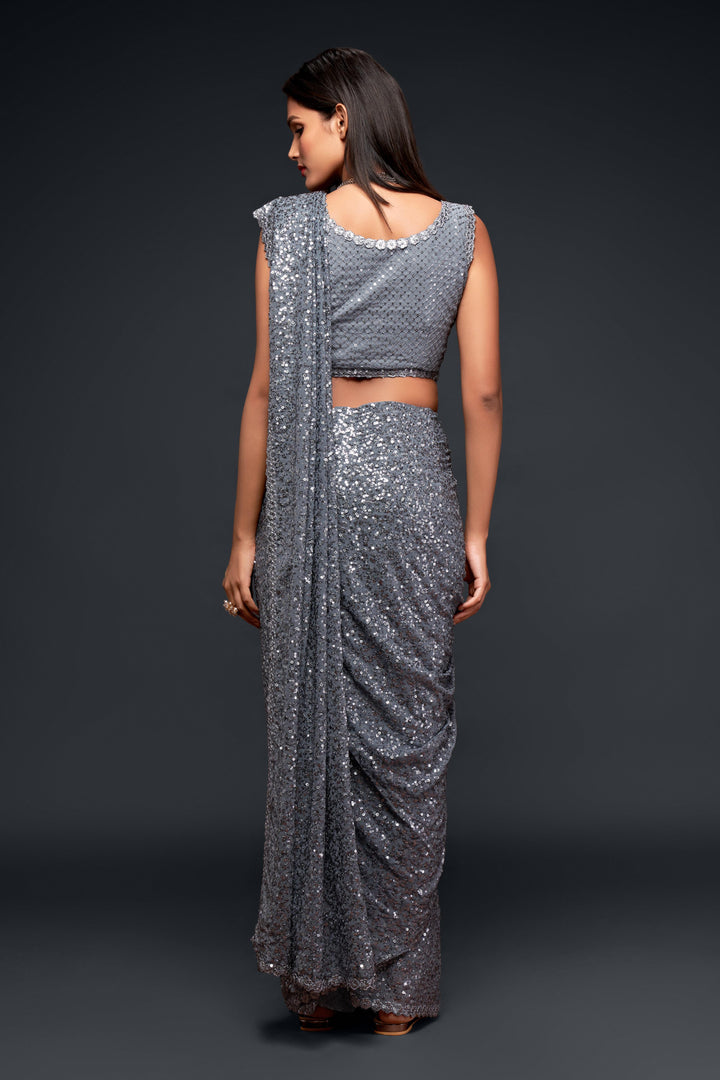Gray Color Saree Georgette With Thread And Multiple Sequins Embroidery Work