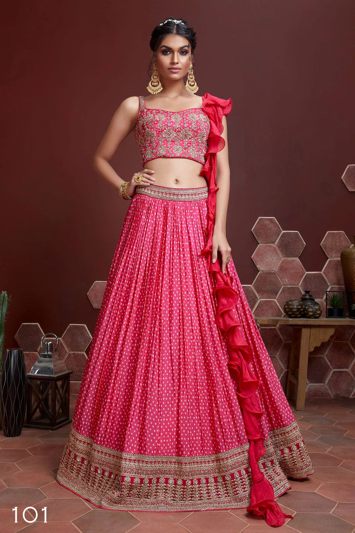 Pink Color Chinnon Silk Digital Print and Heavy Embroidery With Savroski Lehenga Choli