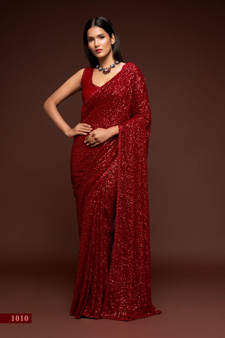 Red Color Saree Georgette With Thread And Multiple Sequins Embroidery Work