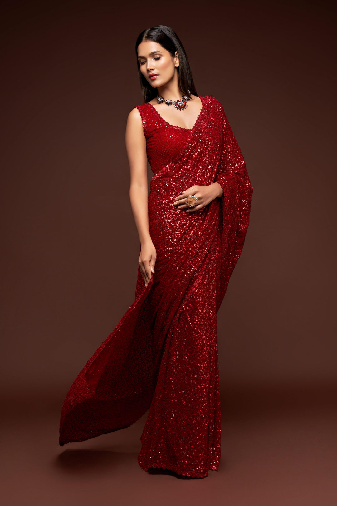 Red Color Saree Georgette With Thread And Multiple Sequins Embroidery Work